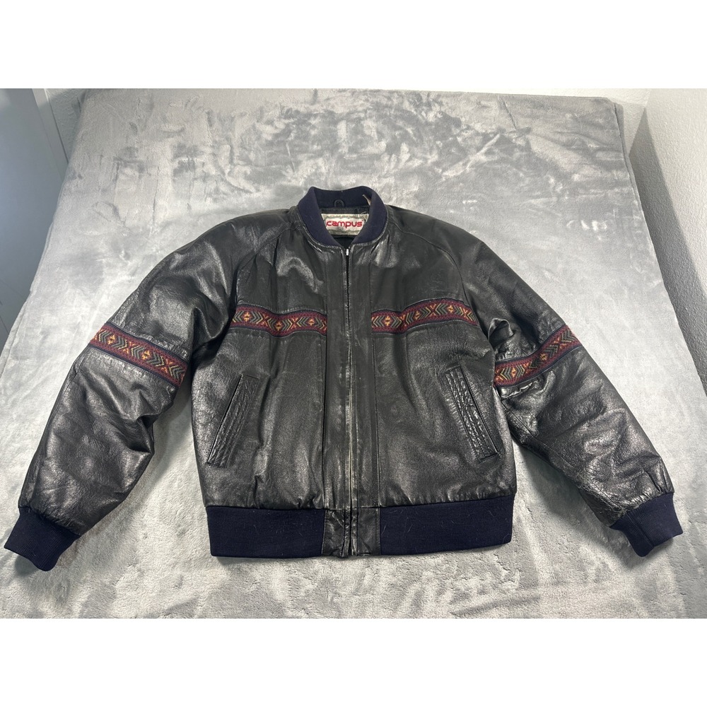 Vintage Campus Black Leather Bomber Jacket Southwestern Tribal Embroidery Medium